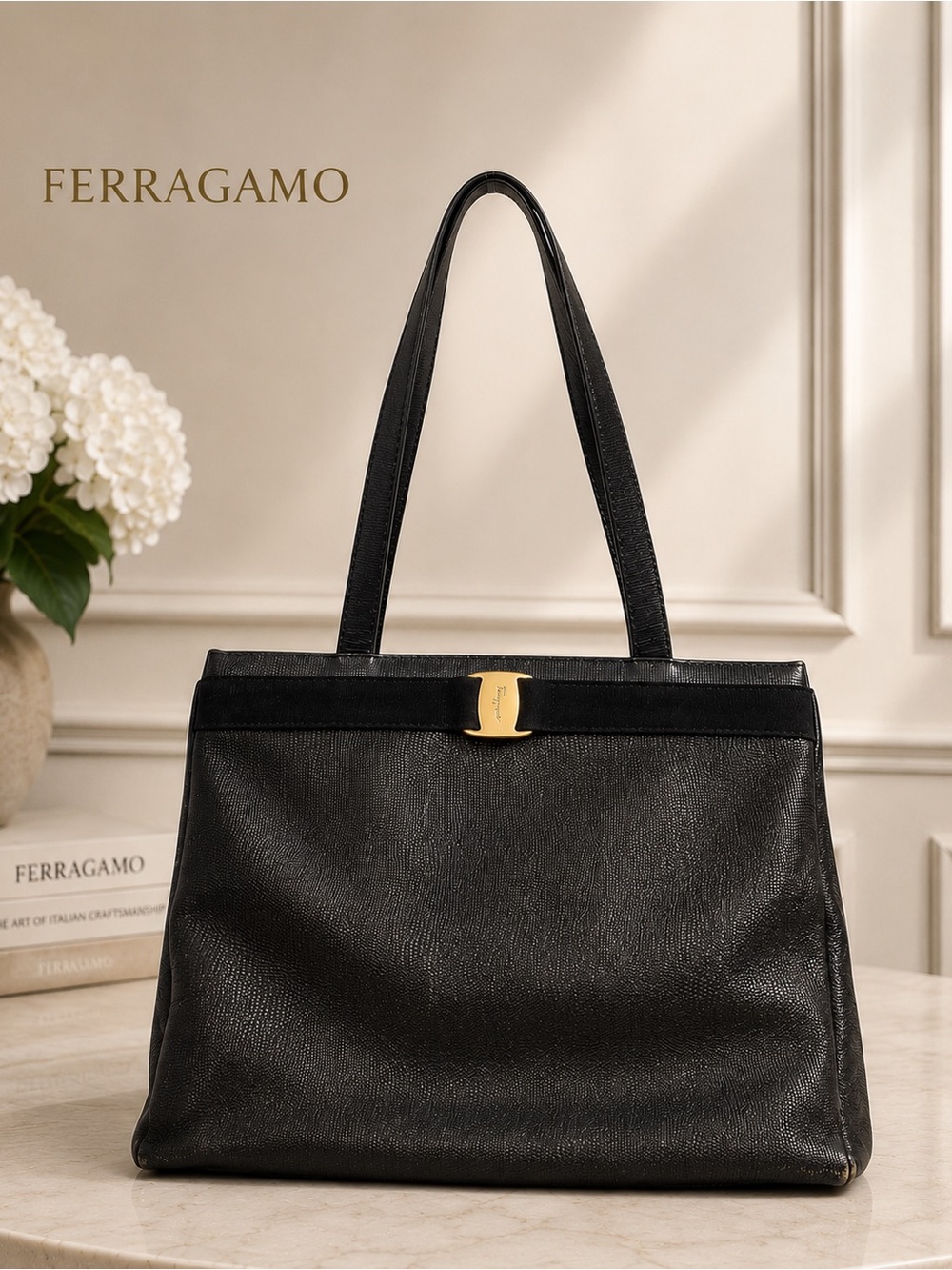Salvatore Ferragamo Black Lizard-Embossed Leather Tote Shoulder Bag